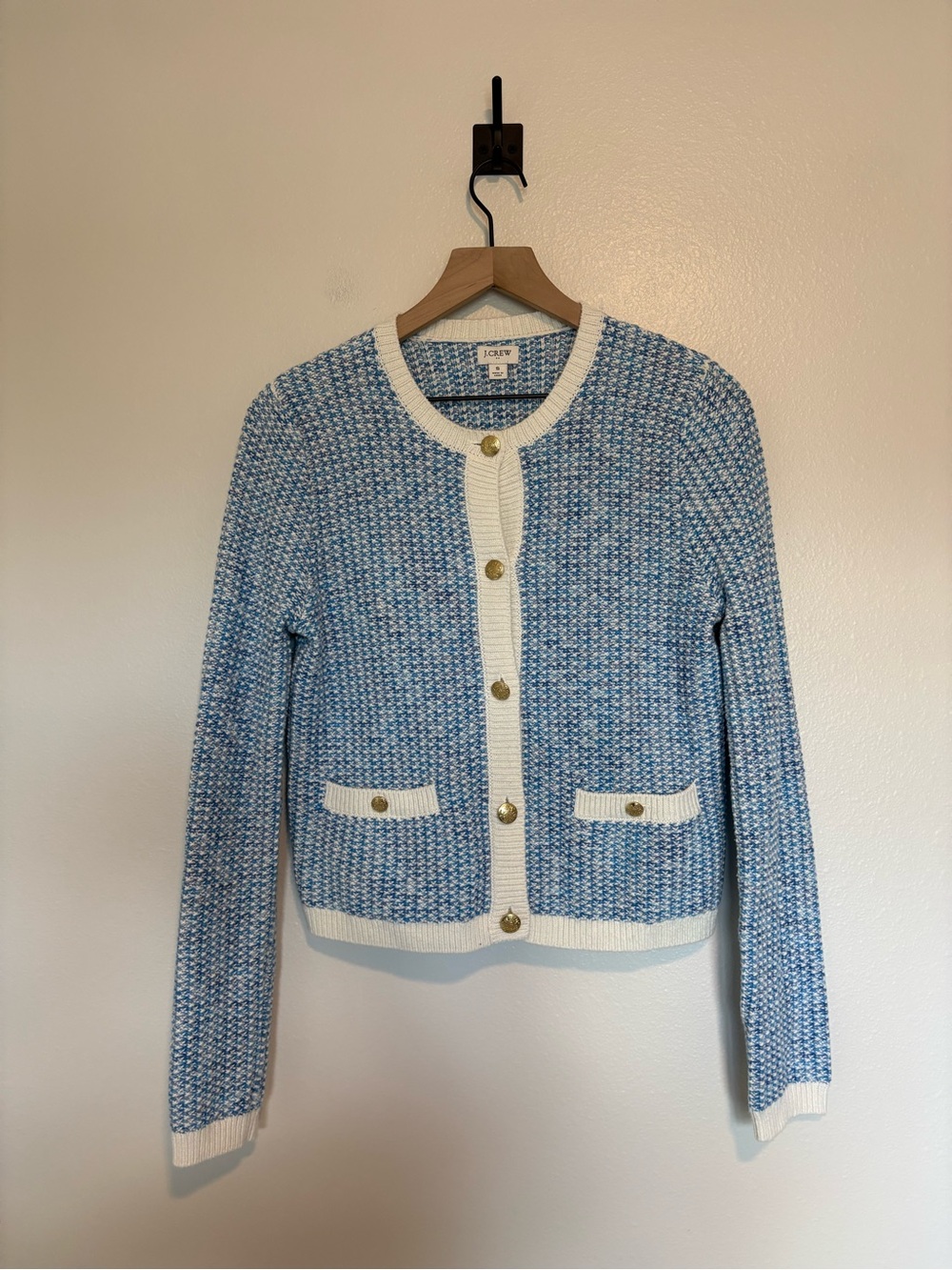 J. Crew Popcorn Stitch Lady Jacket Crewneck Knit Cardigan Preppy Blue Small - Picture 3 of 10
